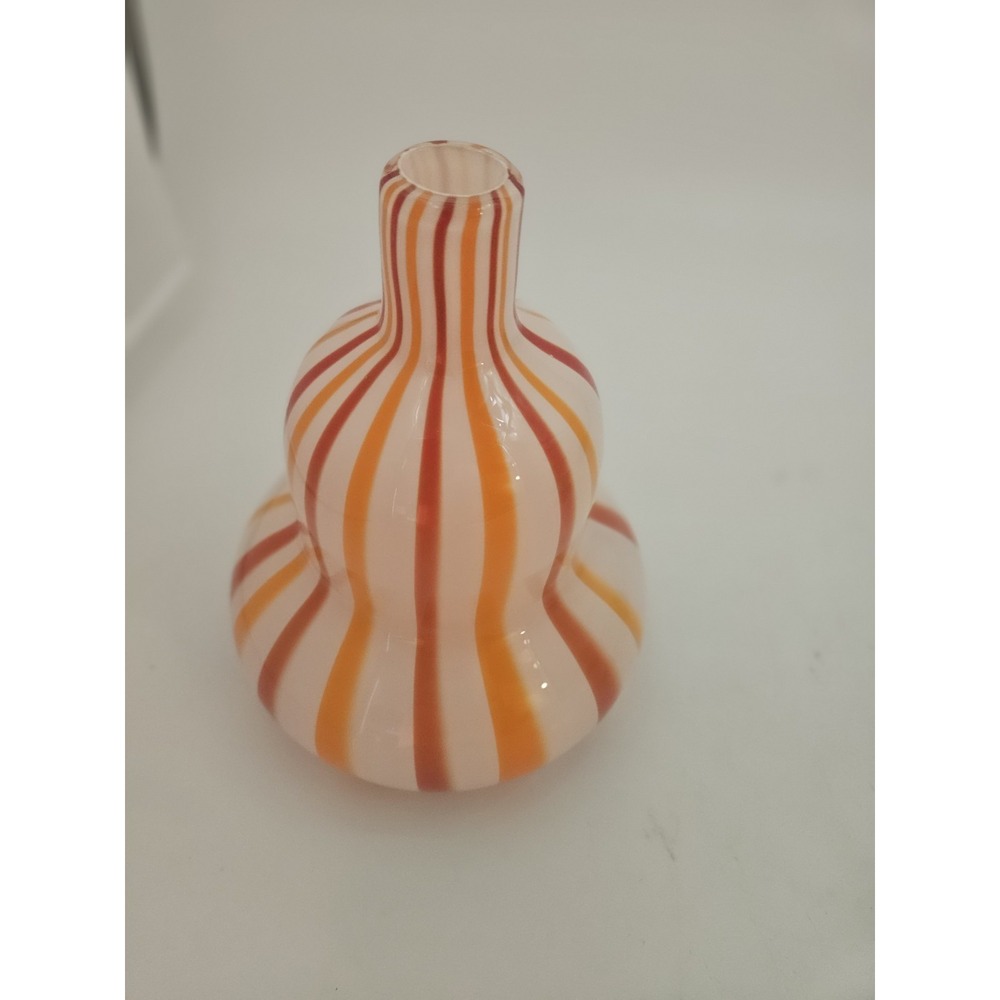 Murano-style Double-gourd Art Glass Vase Vibrant Red and Orange Stripes 7"